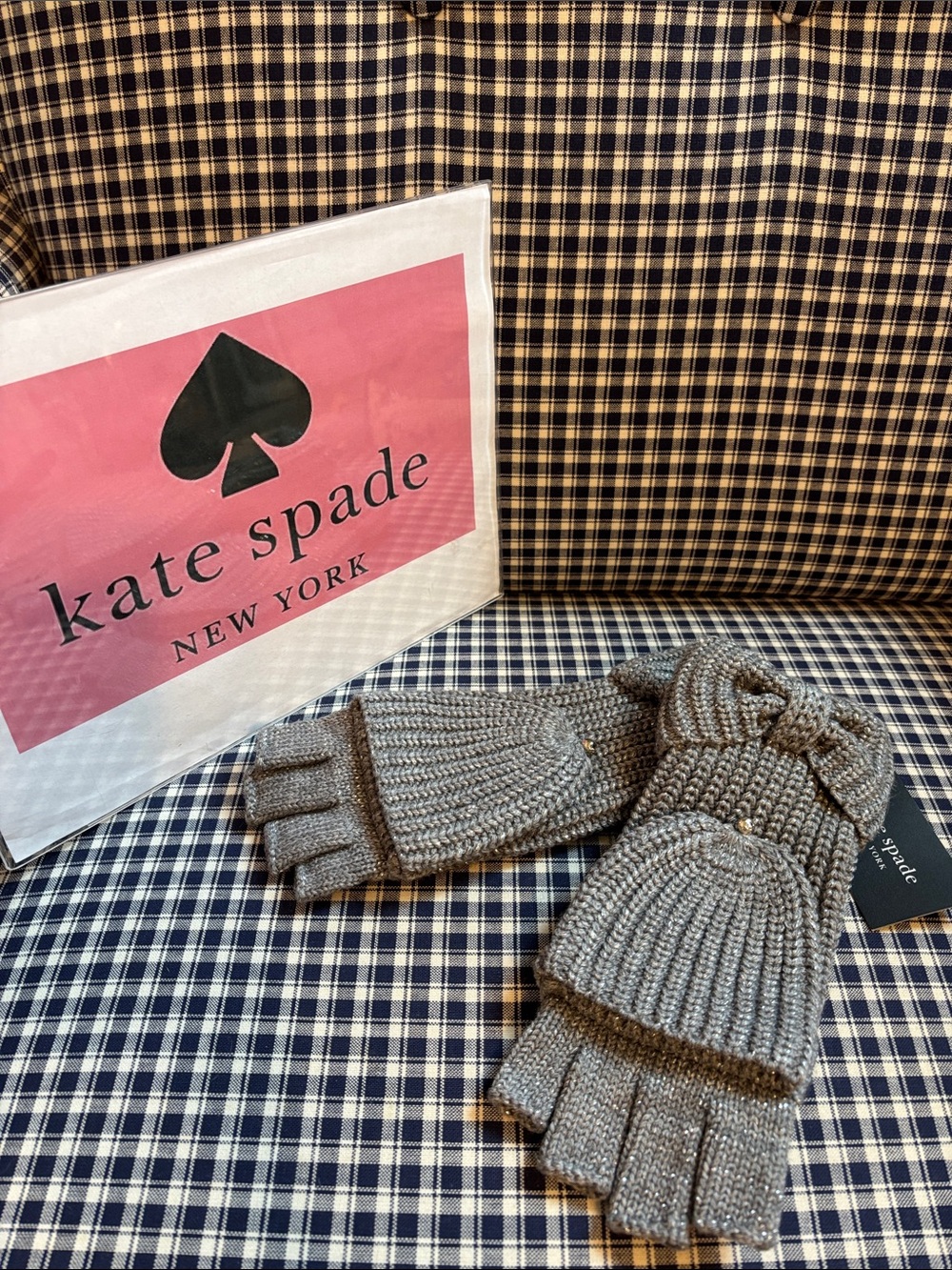 kate spade Gray metallic Convertible Fingerless Bow Mittens